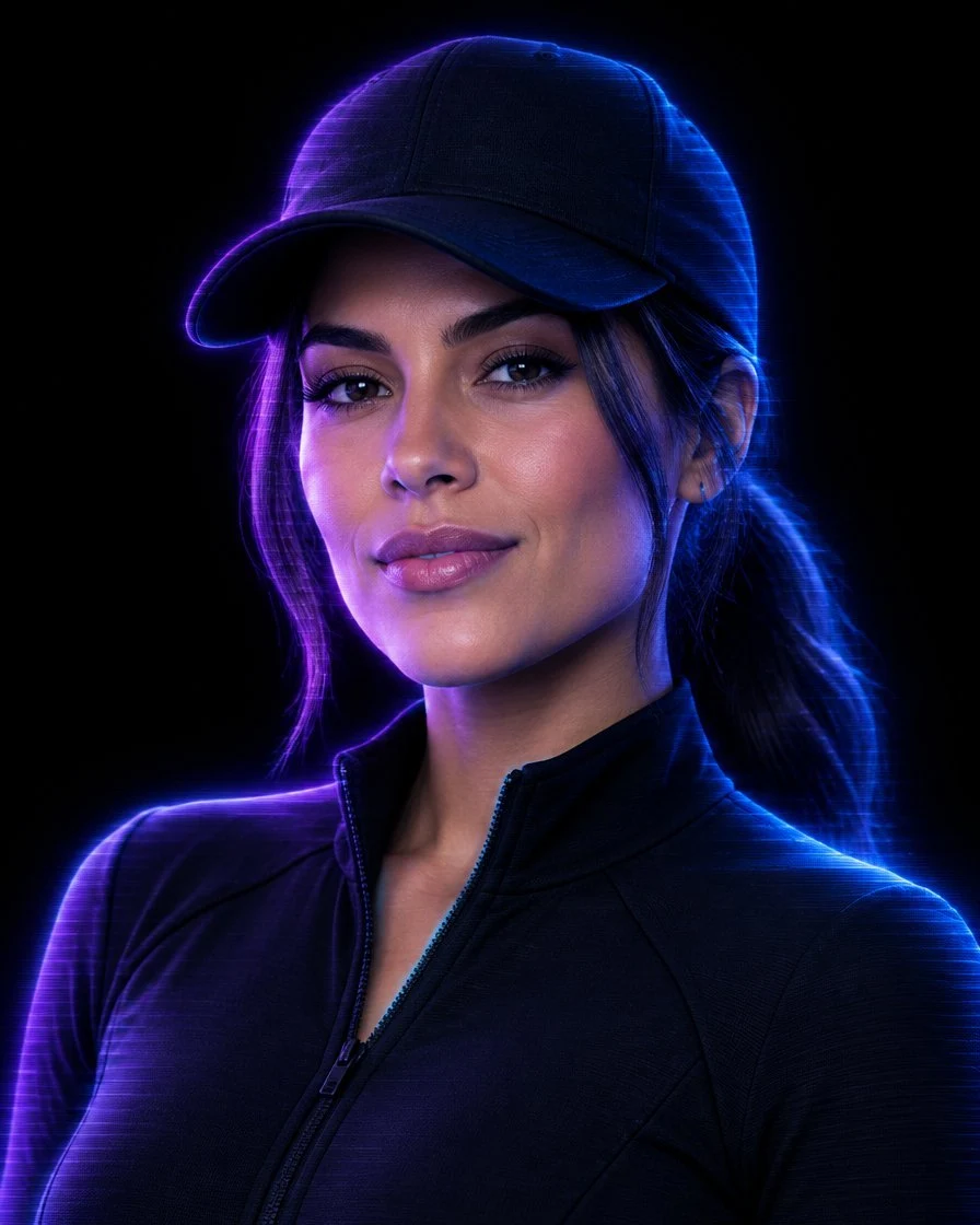 Talento digital con gorra negra y luz de estudio violeta