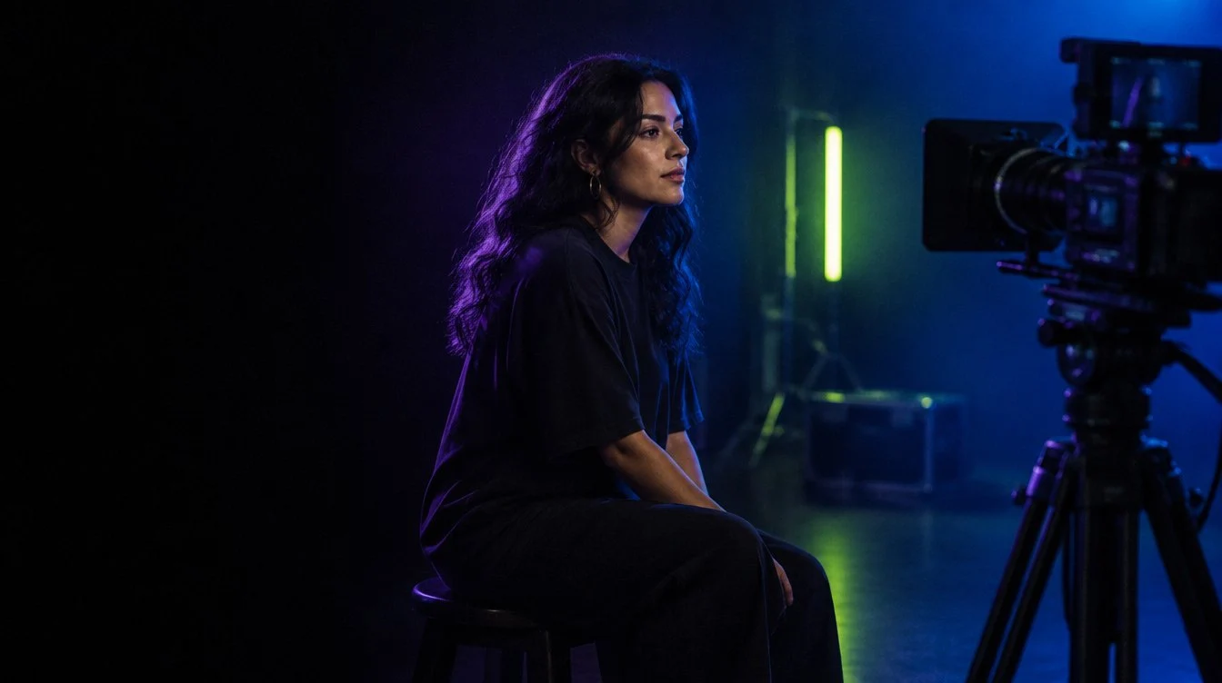Referencia visual del manual: talento frente a cámara en un set iluminado con violeta y cobalto